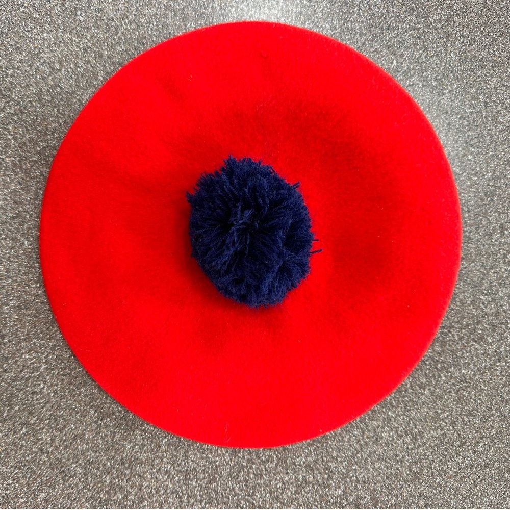Vintage Beret Hat, Red Wool With Navy Pom Pom, 1960’s Turtle Bay Jonathan Logan